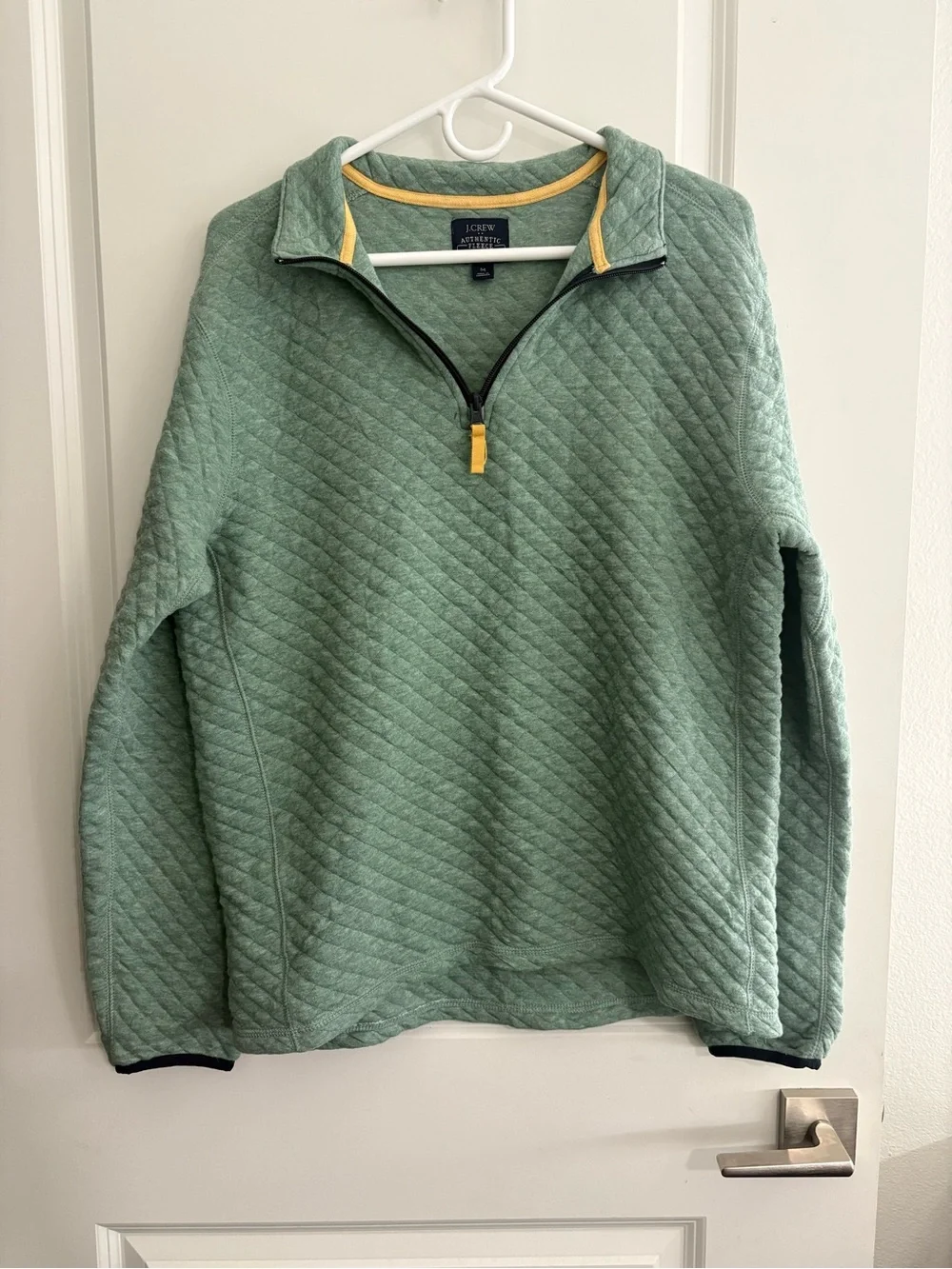 J. Crew Men's Quilted Zip Pullover in Sage Green with Yellow Trim BRAND NEW